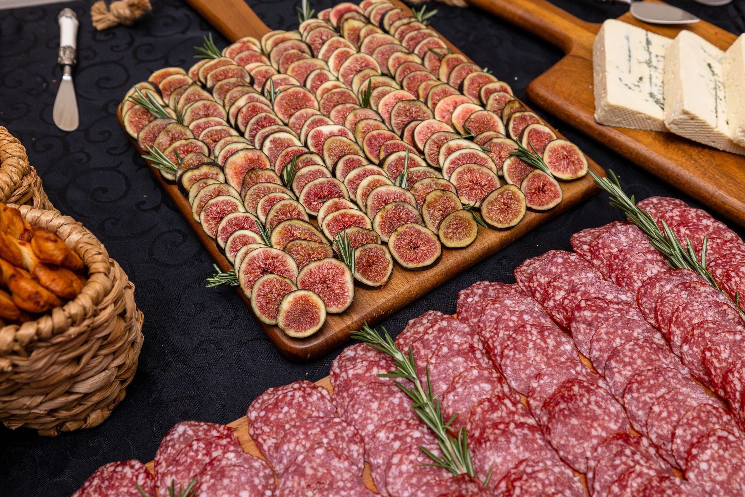 The grazing table: figs, salami and blue cheese on a board